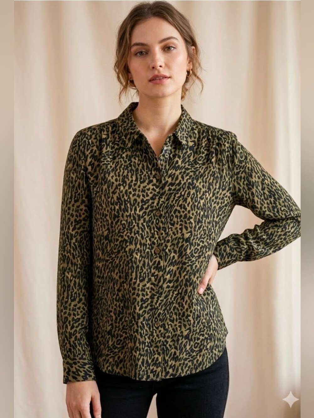 Alfani 100% Silk Green Leopard Print Lslv Button Down Women Blouse Shirt Size 14